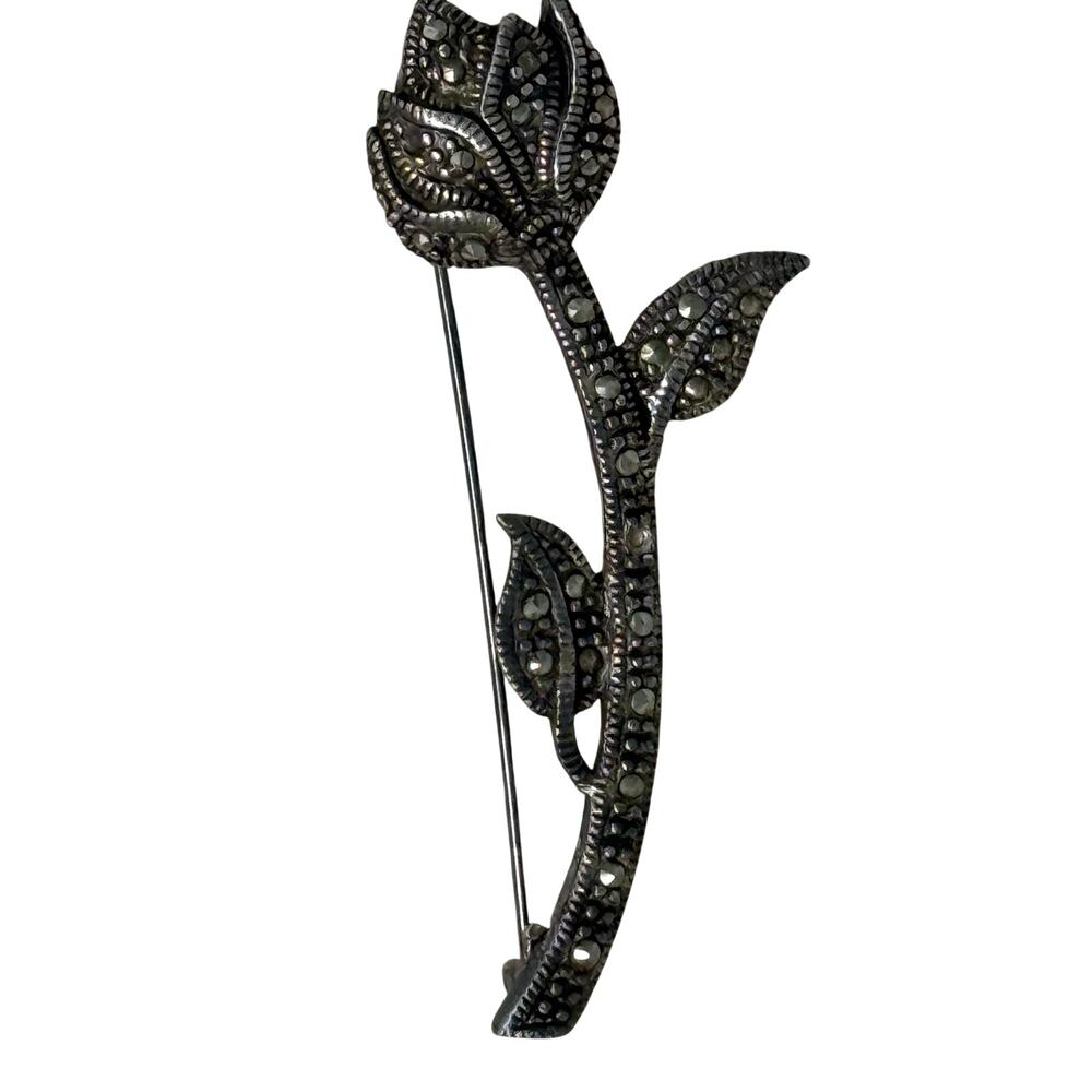 Vintage 80s 925 Sterling Silver Marcasite Rose Flower Brooch Pin